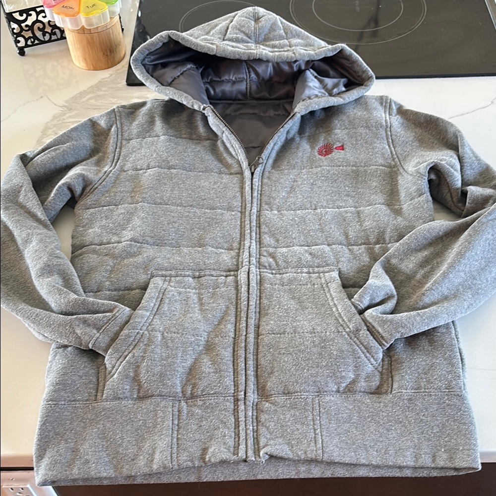 Gray Zip-Up Hoodie with Fleece Material and Hood